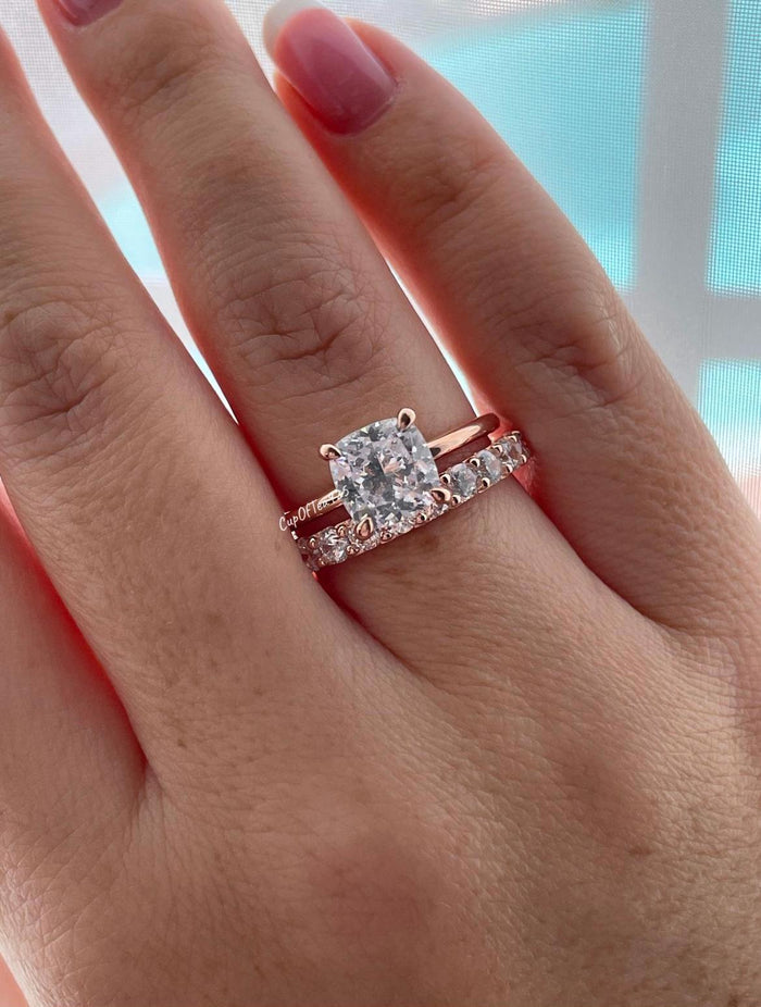 Rose Gold over Sterling Silver 925 Bridal Set with 3CT CZ Cushion Cut Solitare engagement ring and full eternity band.