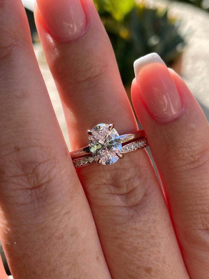 Rose gold over sterling silver 925 engagement ring bridal set with 2CT oval cut moissanite and bow tie moissanite band, proposal ring