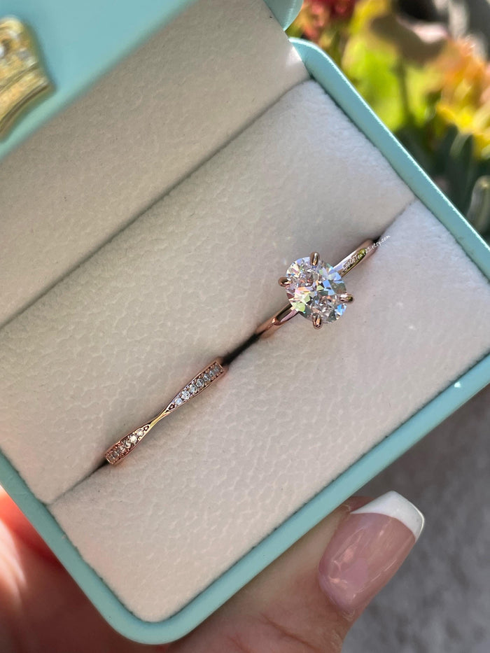 Rose gold over sterling silver 925 engagement ring bridal set with 2CT oval cut moissanite and bow tie moissanite band, proposal ring