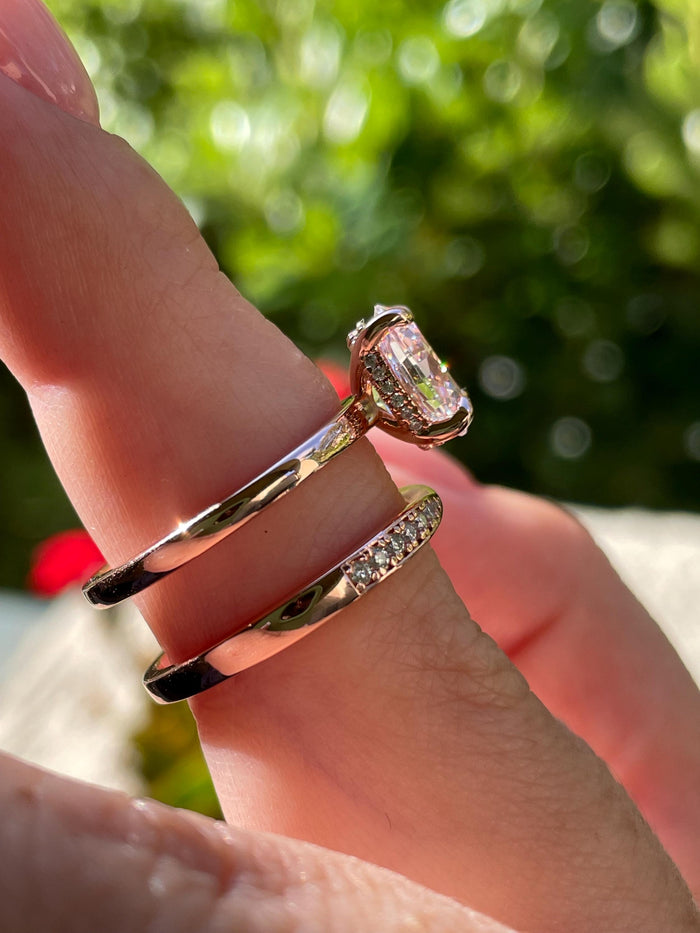 Rose gold over sterling silver 925 engagement ring bridal set with 2CT oval cut moissanite and bow tie moissanite band, proposal ring
