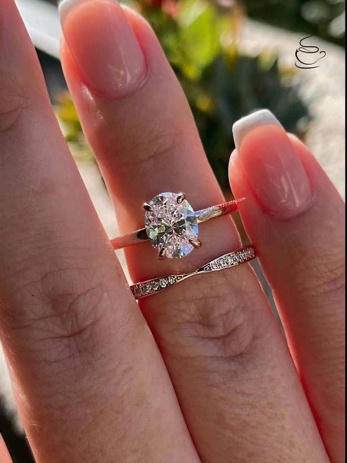 Rose gold over sterling silver 925 engagement ring bridal set with 2CT oval cut moissanite and bow tie moissanite band, proposal ring