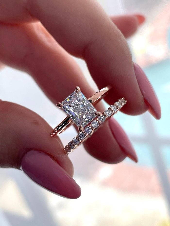 Rose Gold Sterling Silver Bridal Set: 2CT Radiant Cut CZ & Half Eternity Band
