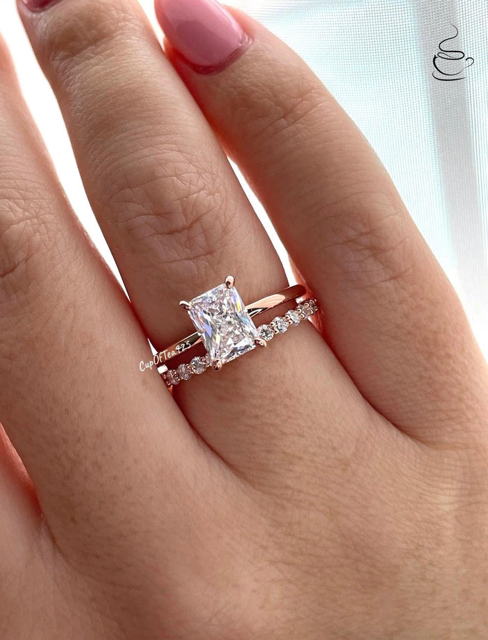 Rose Gold Sterling Silver Bridal Set: 2CT Radiant Cut CZ & Half Eternity Band