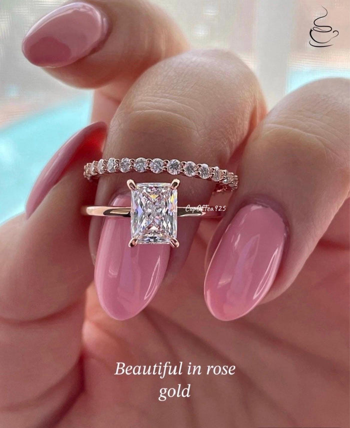 Rose Gold Sterling Silver Bridal Set: 2CT Radiant Cut CZ & Half Eternity Band