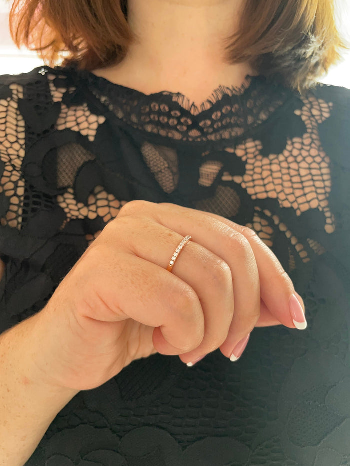 Rose Gold Vermeil 2mm Half Eternity Band with the Finest 5A CZ Diamonds, wedding band, stacking band.