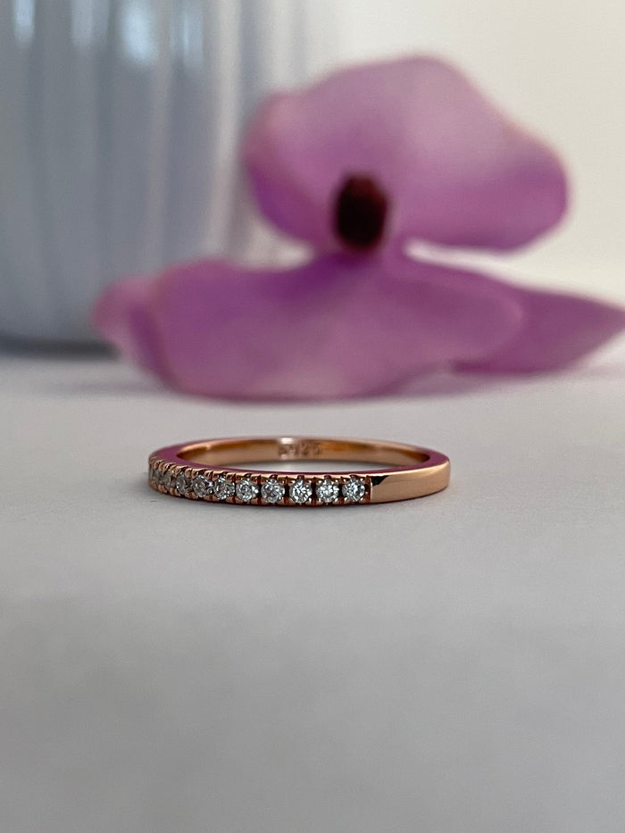 Rose Gold Vermeil 2mm Half Eternity Band with the Finest 5A CZ Diamonds, wedding band, stacking band.