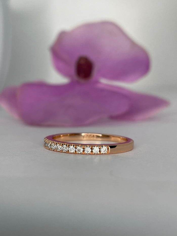 Rose Gold Vermeil 2mm Half Eternity Band with the Finest 5A CZ Diamonds, wedding band, stacking band.