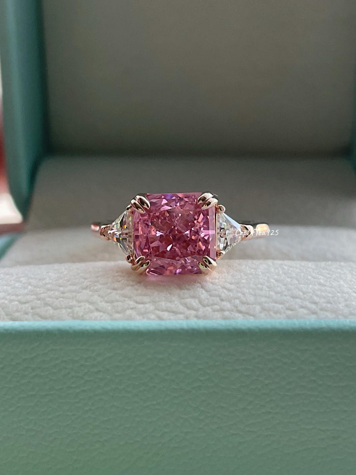 Rose Gold Vermeil Engagement Ring: Pink Crushed Ice CZ, Three Stone