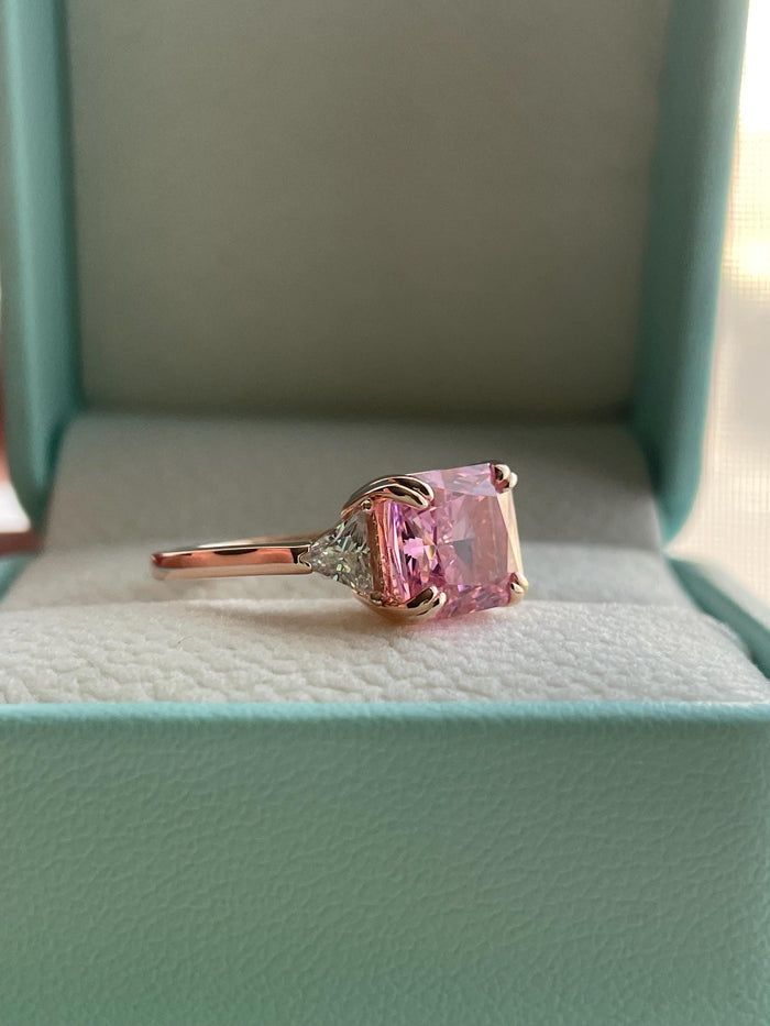 Rose Gold Vermeil Engagement Ring: Pink Crushed Ice CZ, Three Stone