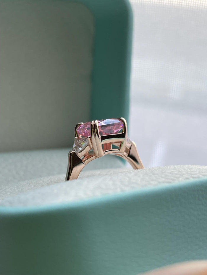 Rose Gold Vermeil Engagement Ring: Pink Crushed Ice CZ, Three Stone