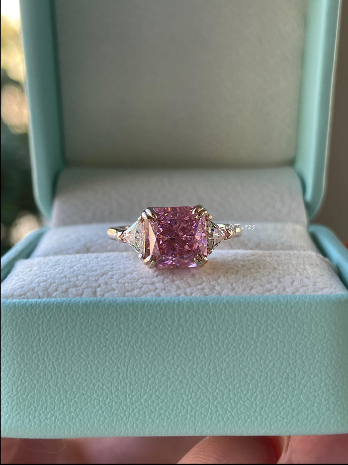 Rose Gold Vermeil Engagement Ring: Pink Crushed Ice CZ, Three Stone