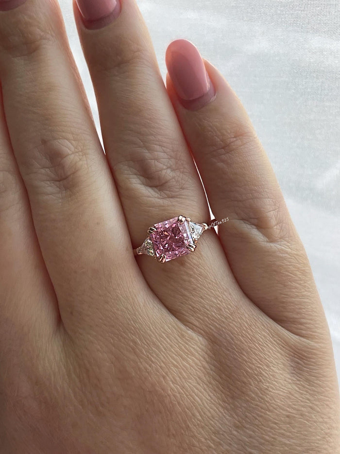 Rose Gold Vermeil Engagement Ring: Pink Crushed Ice CZ, Three Stone
