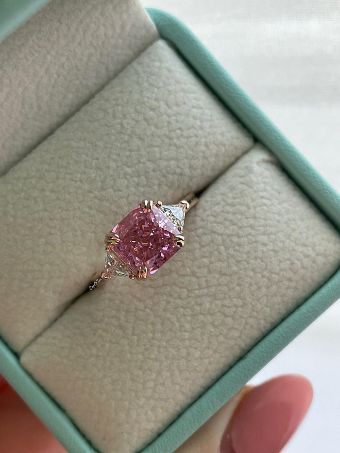 Rose Gold Vermeil Engagement Ring: Pink Crushed Ice CZ, Three Stone
