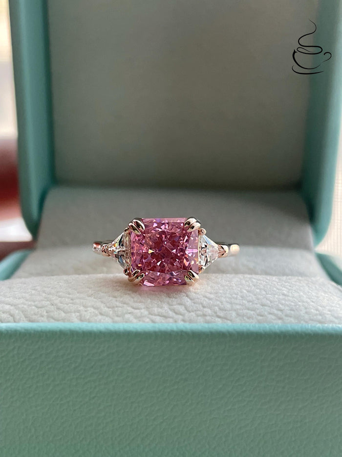 Rose Gold Vermeil Engagement Ring: Pink Crushed Ice CZ, Three Stone