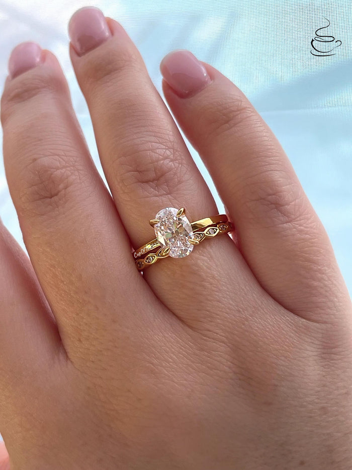 Rose Gold, yellow gold Vermeil Oval CZ Engagement Ring Set, Sterling Silver Hidden Halo
