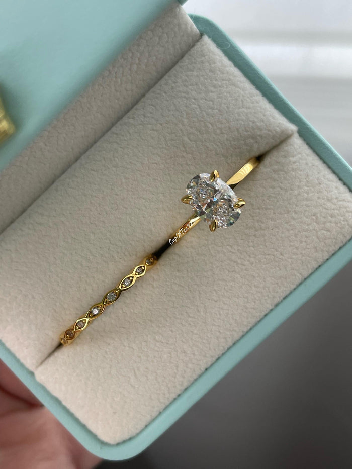 Rose Gold, yellow gold Vermeil Oval CZ Engagement Ring Set, Sterling Silver Hidden Halo