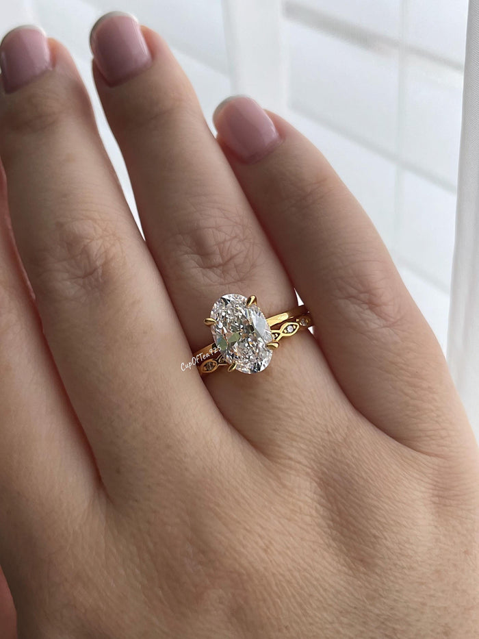 Rose Gold, yellow gold Vermeil Oval CZ Engagement Ring Set, Sterling Silver Hidden Halo
