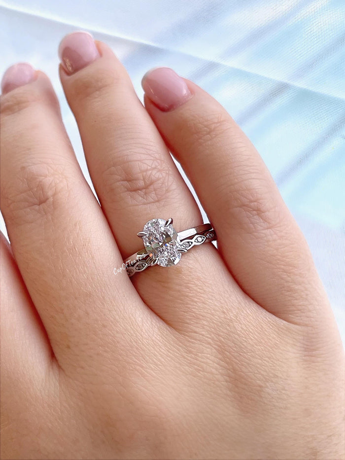 Rose Gold, yellow gold Vermeil Oval CZ Engagement Ring Set, Sterling Silver Hidden Halo