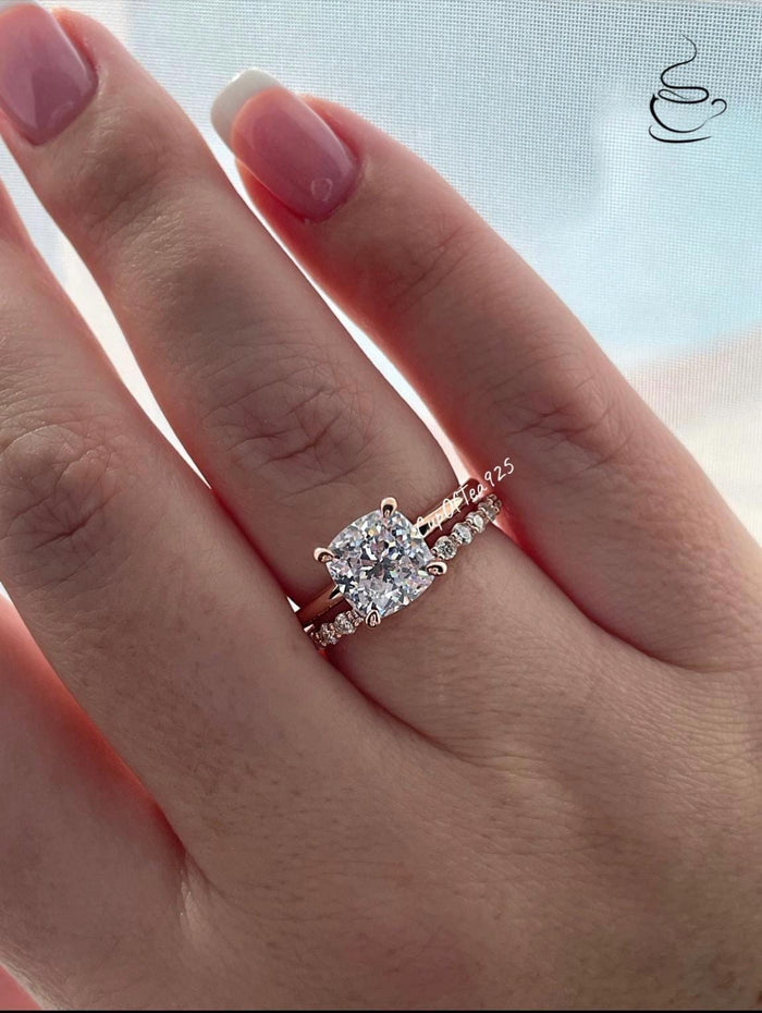 Rose Gold, yellow gold, white gold over Sterling Silver 925 Bridal Set with 3CT Cushion Cut Solitare engagement ring and half eternity band.