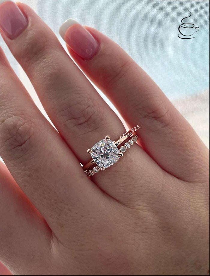 Rose Gold, yellow gold, white gold over Sterling Silver 925 Bridal Set with 3CT Cushion Cut Solitare engagement ring and half eternity band.