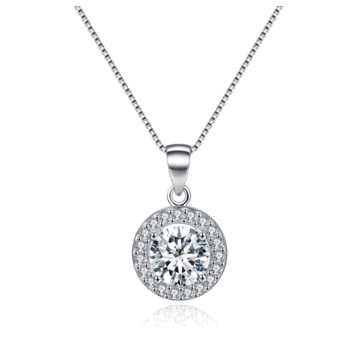 Round halo crystal pendant necklace with clear center stone on silver chain