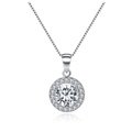 Round halo crystal pendant necklace with clear center stone on silver chain