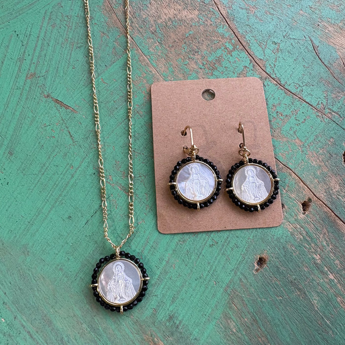 Round Mother of Pearl Black Beaded Necklace or Earrings