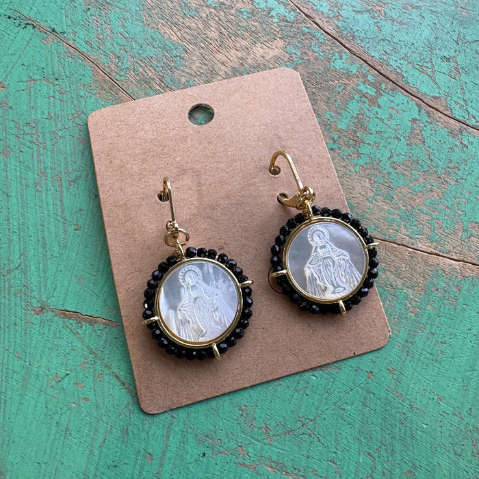 Round Mother of Pearl Black Beaded Necklace or Earrings
