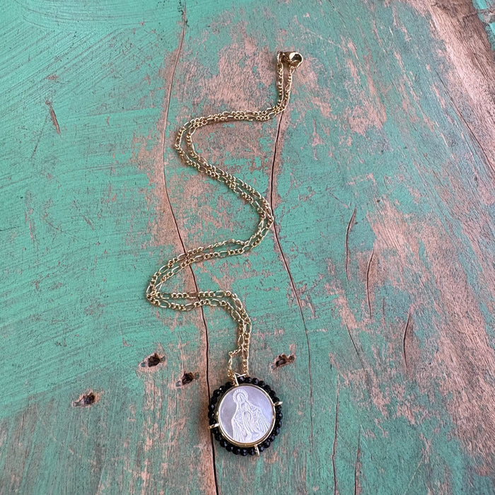 Round Mother of Pearl Black Beaded Necklace or Earrings