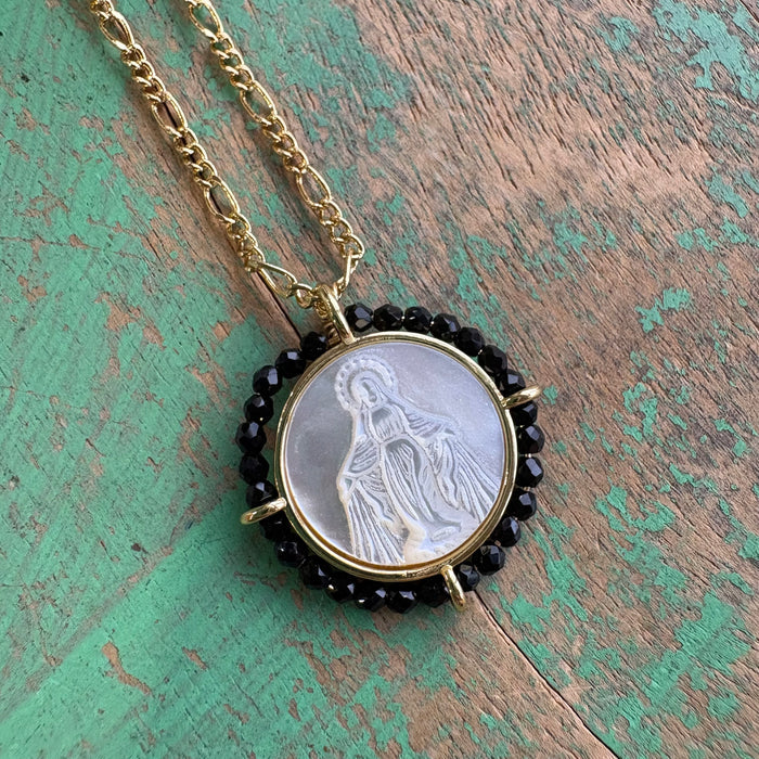 Round Mother of Pearl Black Beaded Necklace or Earrings