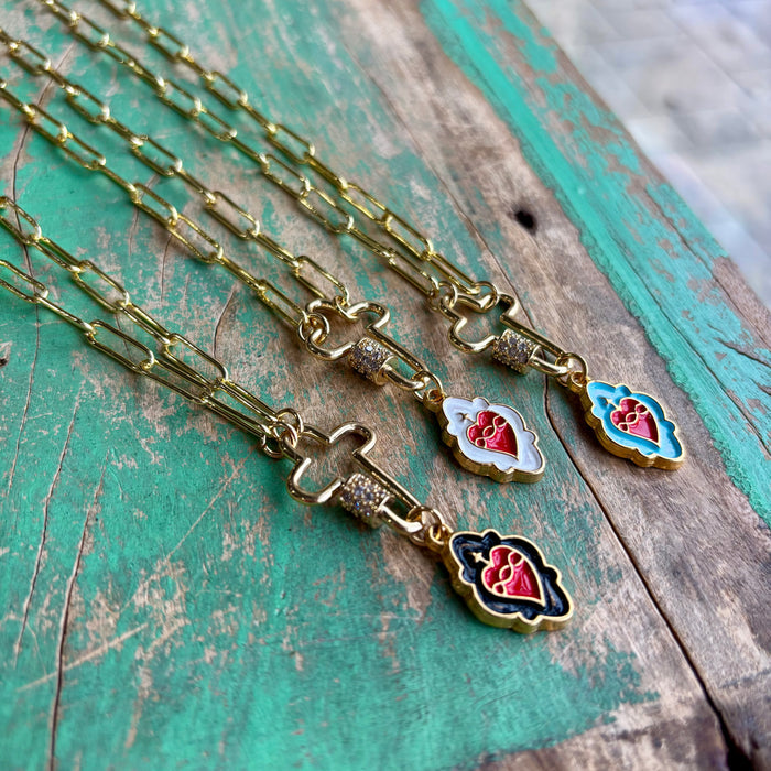 Sacred Heart Cross Locket Paperclip Necklace