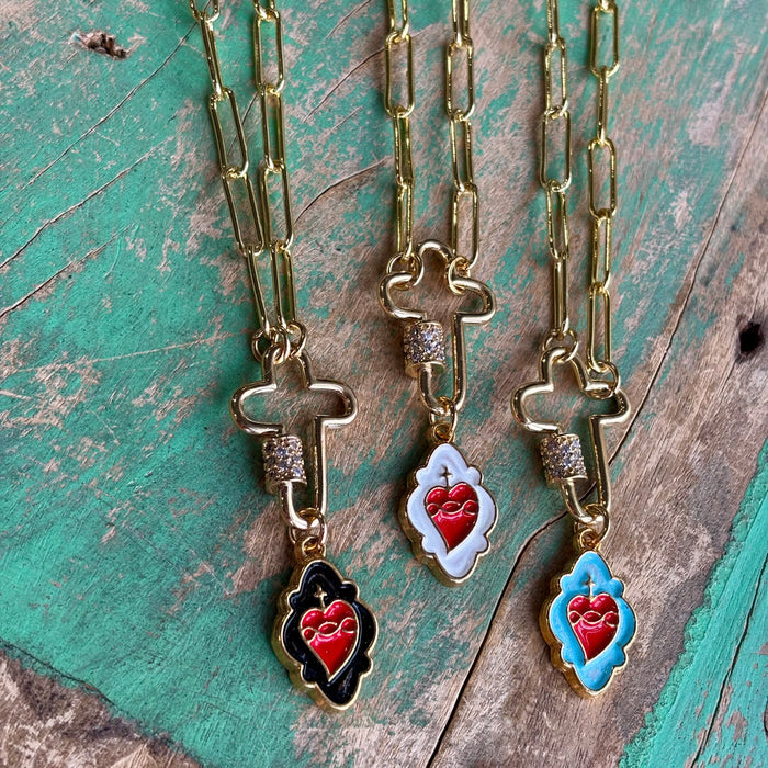 Sacred Heart Cross Locket Paperclip Necklace