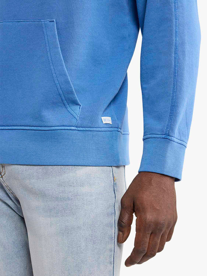 Blue hoodie with a brand logo on a white background