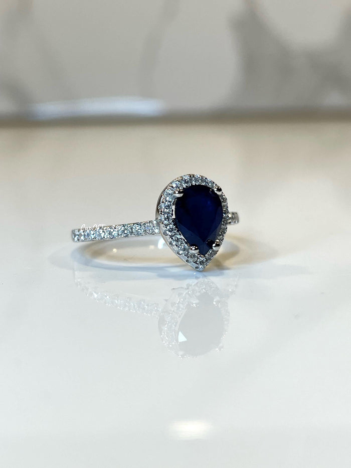Sapphire ring. Sterling Silver 925 engagement ring with 1.2CT Pear Shaped Blue Sapphire, September Birthstone