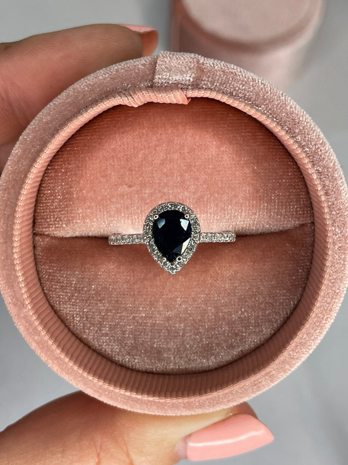 Sapphire ring. Sterling Silver 925 engagement ring with 1.2CT Pear Shaped Blue Sapphire, September Birthstone