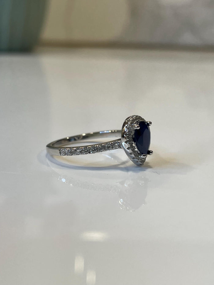 Sapphire ring. Sterling Silver 925 engagement ring with 1.2CT Pear Shaped Blue Sapphire, September Birthstone