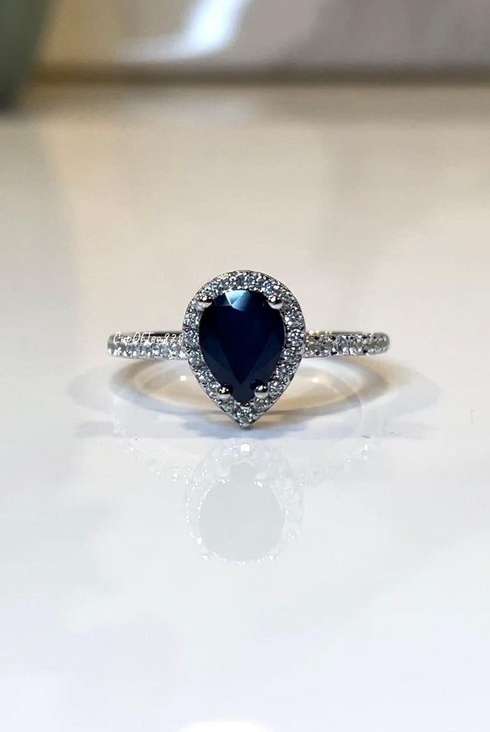 Sapphire ring. Sterling Silver 925 engagement ring with 1.2CT Pear Shaped Blue Sapphire, September Birthstone