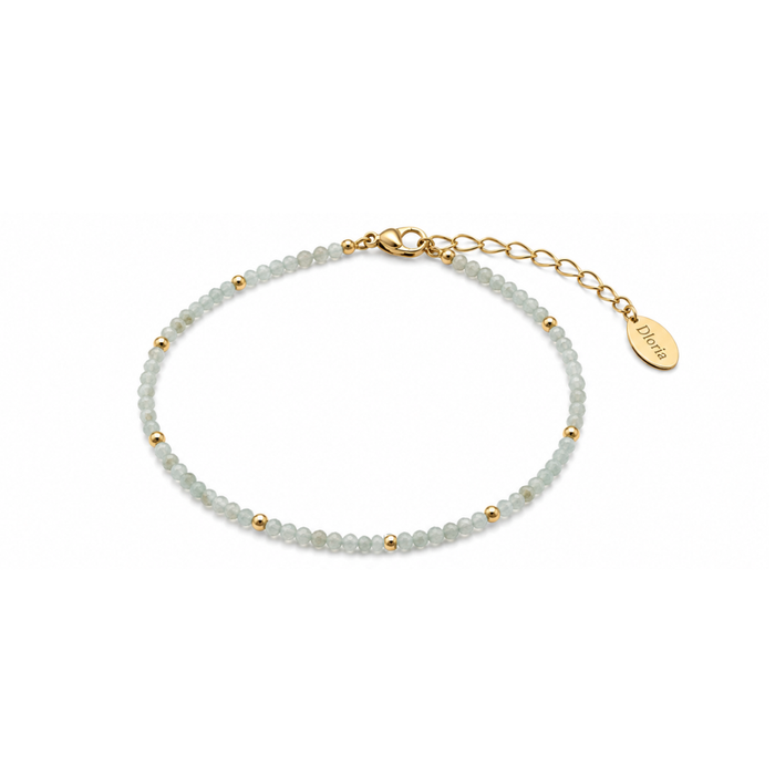 Light blue beaded bracelet with gold chain clasp and Dorie charm tag