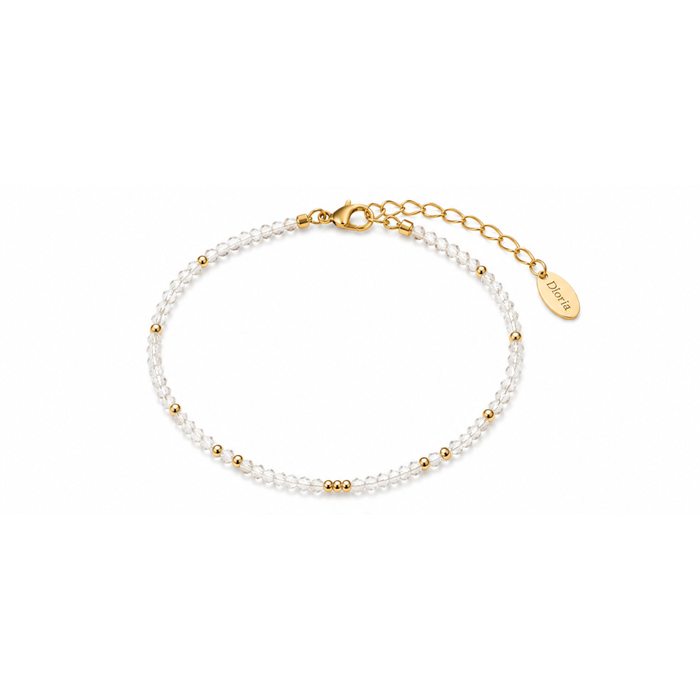 White beaded bracelet with gold chain clasp and Dorie charm tag