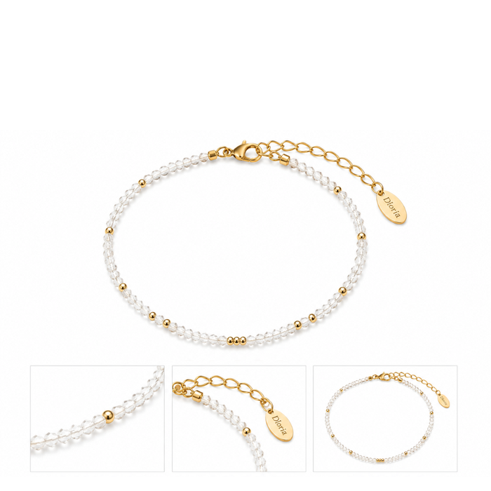 White beaded bracelet with gold chain clasp and Dorie charm tag, close-up views