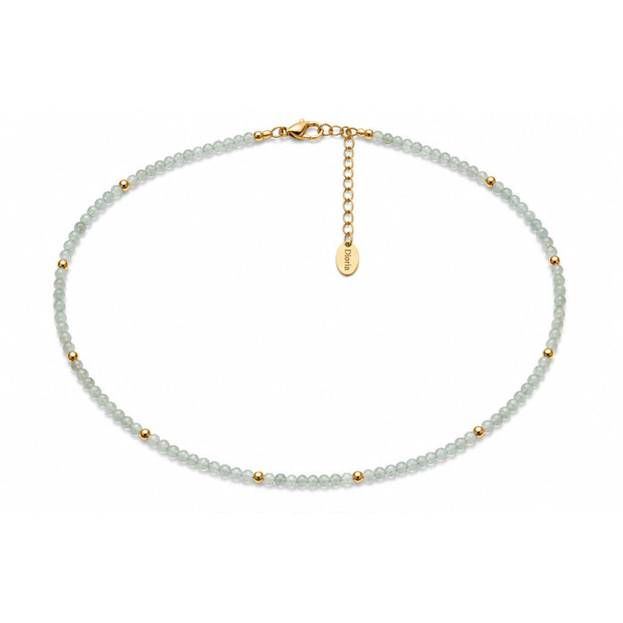 Seafoam beaded necklace with gold clasp and small engraved charm tag at center.