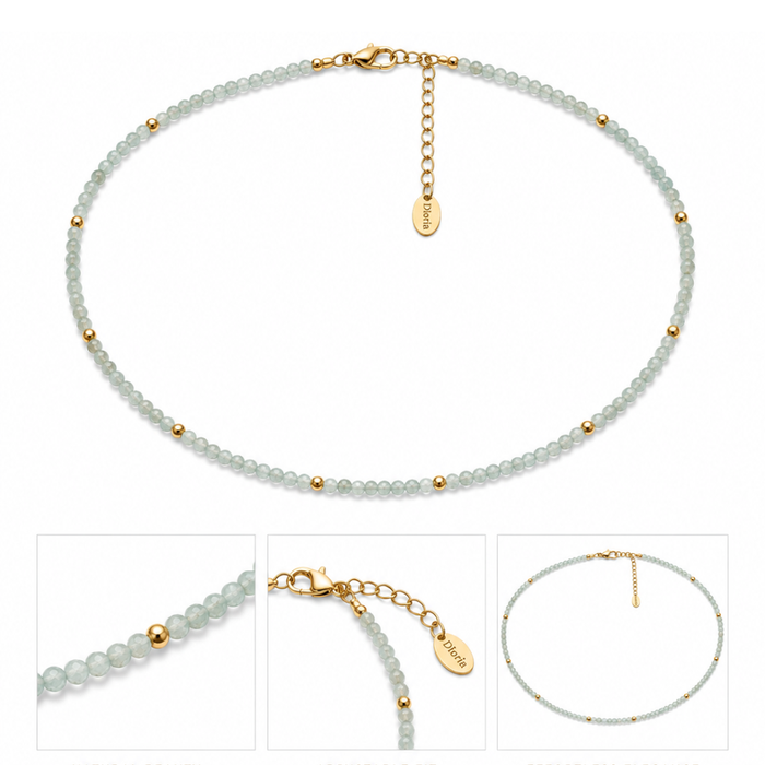 Light seafoam bead necklace with gold chain links, clasp, and engraved center charm tag.