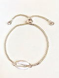 Silver seashell bracelet, beaded chain with oval shell charm and small crystal dangles