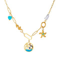 Gold-tone turquoise charm necklace with starfish and round ocean pendant, link chain