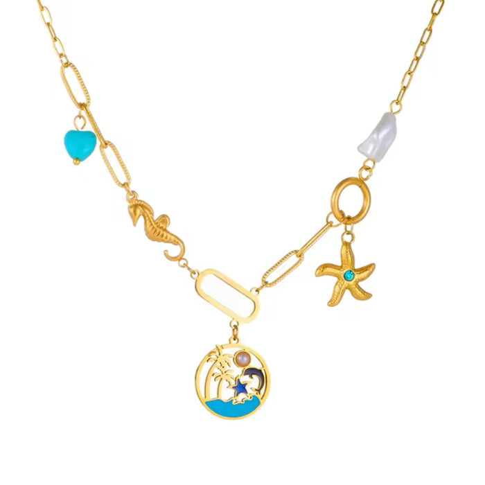 Gold-tone turquoise charm necklace with starfish and round ocean pendant, link chain