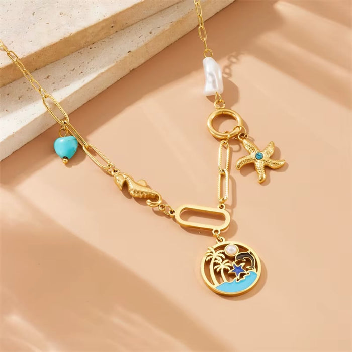 Gold-tone turquoise charm necklace with starfish, round ocean pendant, heart charm