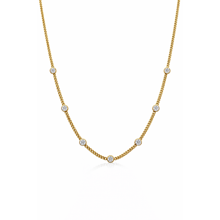 Gold link necklace with bezel-set round stones, five-link chain