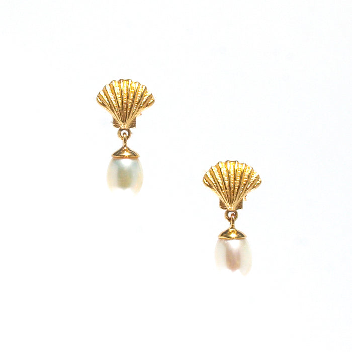 Shell Pearl Studs Gold crafted in premium gold vermeil over sterling silver featuring genuine freshwater pearls with detailed coastal shell designs.