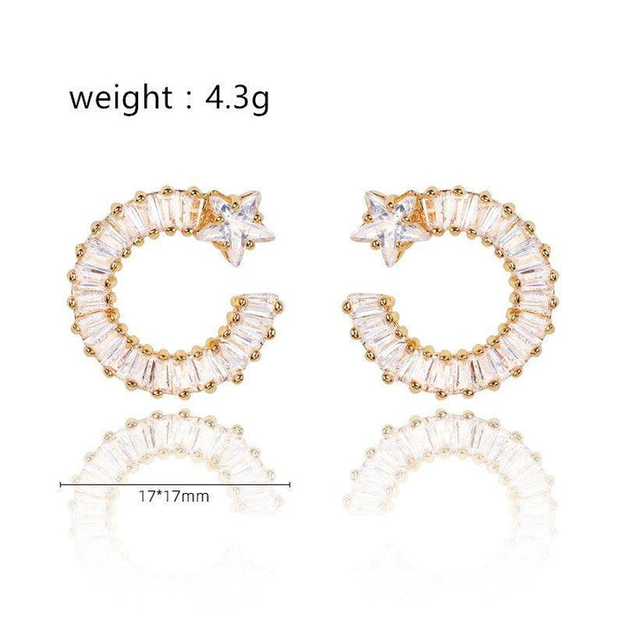 Gold shooting star hoop earrings; 17x17mm, white cubic zirconia stones
