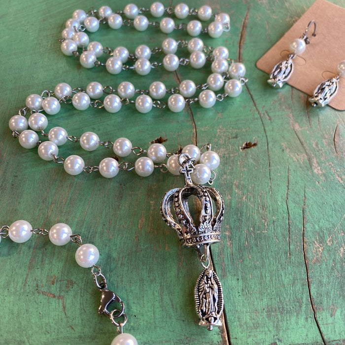 Silver Crown of Mary Pearl Necklace Set
